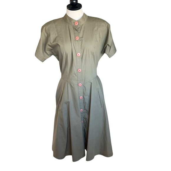 Le Crillon Womens Cotton Button Front A-line Dress Size 6 Khaki Tan Vintage - Picture 11 of 13